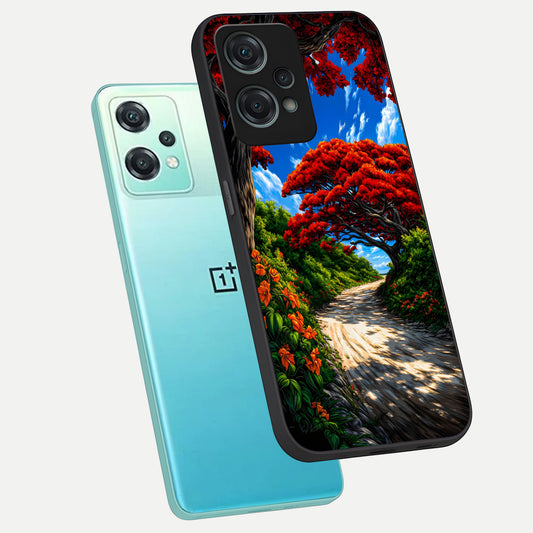 Red Trees Pathway phone case For Oneplus Nord CE2 Lite showing premium glass back cover with detailed artwork