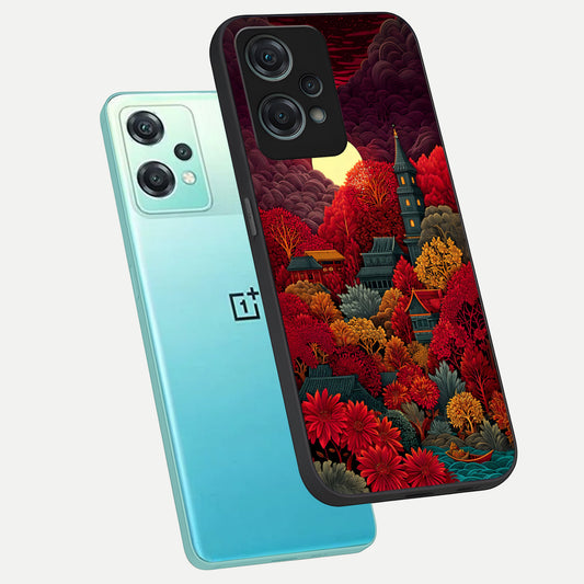 Scarlet Autumn Temple phone case For Oneplus Nord CE2 Lite showing premium glass back cover with detailed artwork