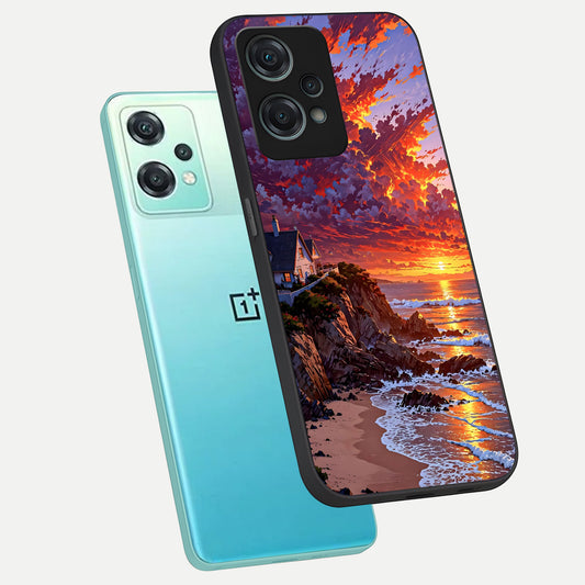 Sunset House By Sea phone case For Oneplus Nord CE2 Lite showing premium glass back cover with detailed artwork