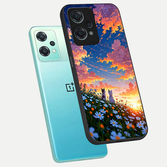 Two Cats Friends phone case For Oneplus Nord CE2 Lite showing premium glass back cover with detailed artwork