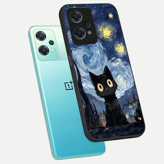 Van Gogh Cat phone case For Oneplus Nord CE2 Lite showing premium glass back cover with detailed artwork