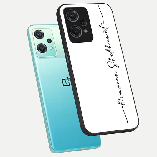 White Tune Custom Name phone case For Oneplus Nord CE2 Lite showing premium custom name glass back cover