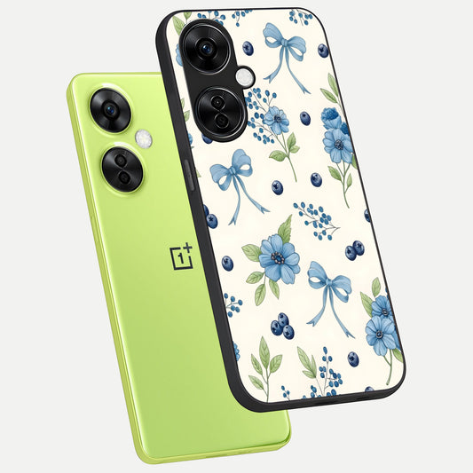Blue Flower And Bow phone case For Oneplus Nord CE3 Lite showing premium glass back cover with detailed artwork