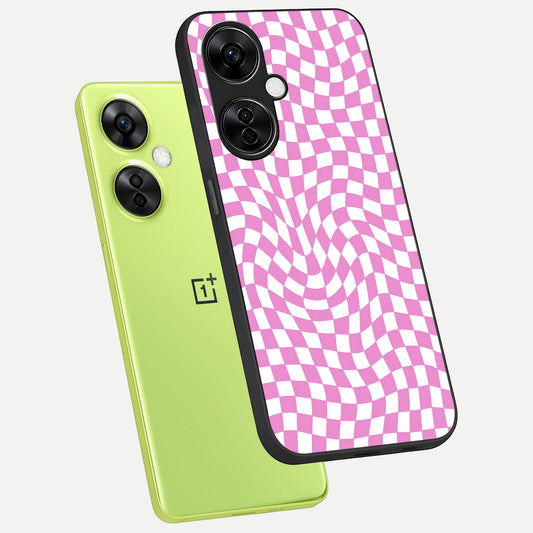 Bubblegum Check Wave phone case For Oneplus Nord CE3 Lite showing premium glass back cover with detailed artwork