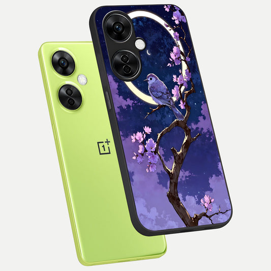 Celestial Bird Blossom phone case For Oneplus Nord CE3 Lite showing premium glass back cover with detailed artwork