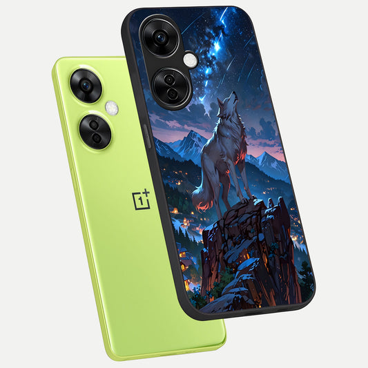 Celestial Wolf Howl phone case For Oneplus Nord CE3 Lite showing premium glass back cover with detailed artwork
