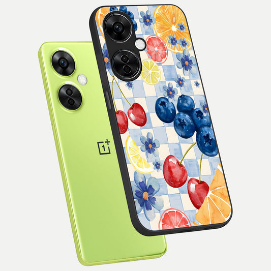 Citrus Bloom Joy phone case For Oneplus Nord CE3 Lite showing premium glass back cover with detailed artwork
