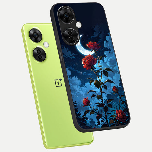 Crimson Rose Moon phone case For Oneplus Nord CE3 Lite showing premium glass back cover with detailed artwork