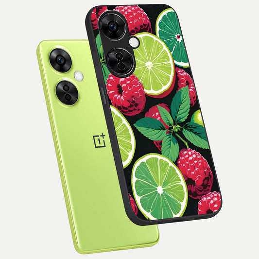 Lime and Raspberry Pattern phone case For Oneplus Nord CE3 Lite showing premium glass back cover with detailed artwork