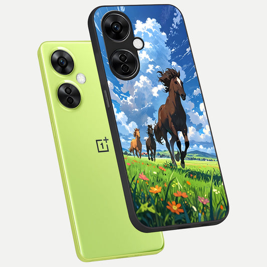 Majestic Horses Galloping phone case For Oneplus Nord CE3 Lite showing premium glass back cover with detailed artwork