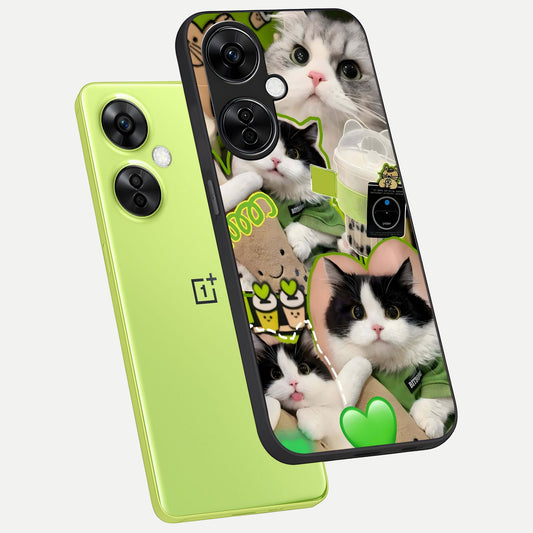 Matcha Cats Mood phone case For Oneplus Nord CE3 Lite showing premium glass back cover with detailed artwork