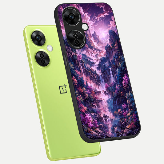 Mystic Cascade Peaks phone case For Oneplus Nord CE3 Lite showing premium glass back cover with detailed artwork