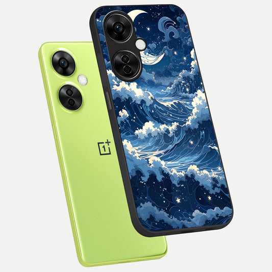 Ocean Moon Waves phone case For Oneplus Nord CE3 Lite showing premium glass back cover with detailed artwork
