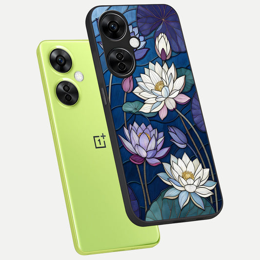 Purple Lotus Stained phone case For Oneplus Nord CE3 Lite showing premium glass back cover with detailed artwork