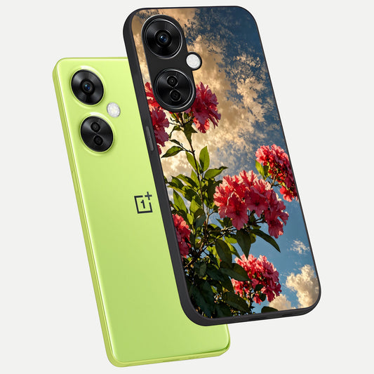 Red Bloom Skies phone case For Oneplus Nord CE3 Lite showing premium glass back cover with detailed artwork
