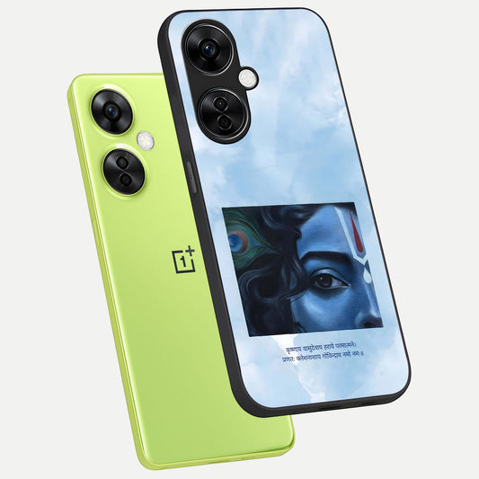 Spiritual Krishna phone case For Oneplus Nord CE3 Lite showing premium glass back cover with detailed artwork