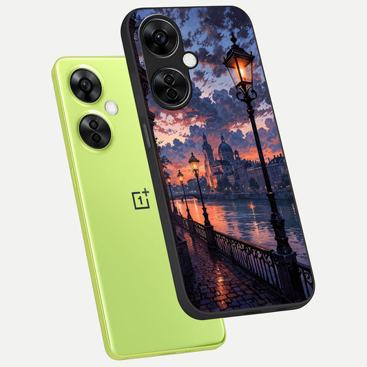 Twilight River Lights phone case For Oneplus Nord CE3 Lite showing premium glass back cover with detailed artwork