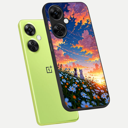 Two Cats Friends phone case For Oneplus Nord CE3 Lite showing premium glass back cover with detailed artwork