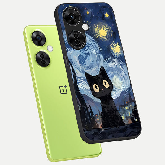 Van Gogh Cat phone case For Oneplus Nord CE3 Lite showing premium glass back cover with detailed artwork