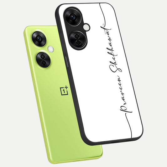 White Tune Custom Name phone case For Oneplus Nord CE3 Lite showing premium custom name glass back cover