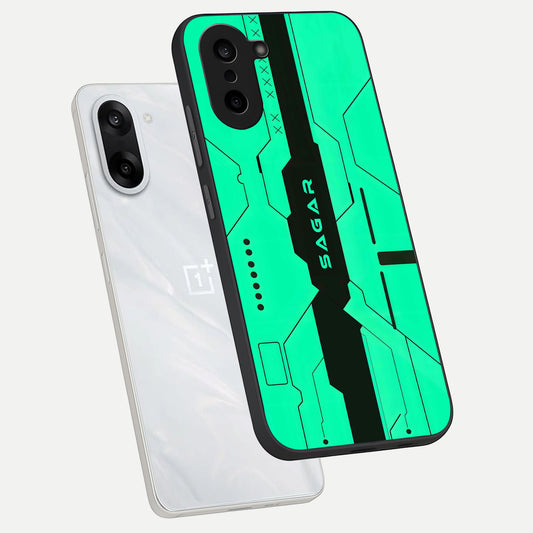 Aqua Tech CYBERPUNK Custom Name phone case For Oneplus Nord CE5 showing premium glass back cover with detailed artwork