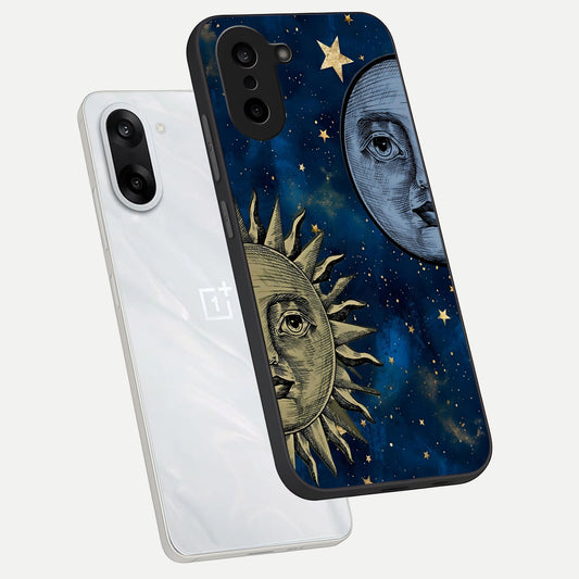 Celestial Moon With Sun phone case For Oneplus Nord CE5 showing premium glass back cover with detailed artwork