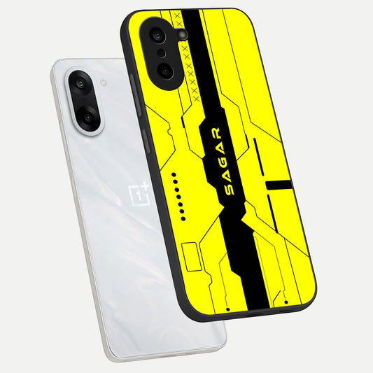 Circuit CYBERPUNK Custom Name phone case For Oneplus Nord CE5 showing premium glass back cover with detailed artwork