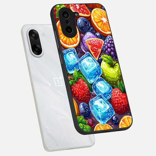 Colorful Fruits with Ice phone case For Oneplus Nord CE5 showing premium glass back cover with detailed artwork