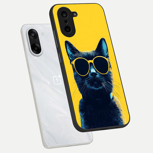 Cool Cat Vibes phone case For Oneplus Nord CE5 showing premium glass back cover with detailed artwork