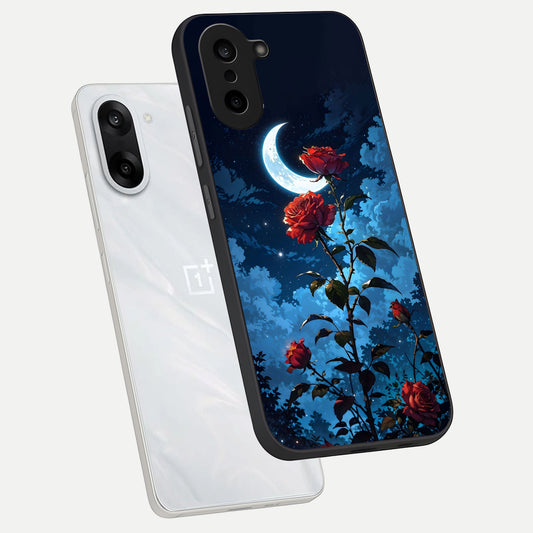 Crimson Rose Moon phone case For Oneplus Nord CE5 showing premium glass back cover with detailed artwork