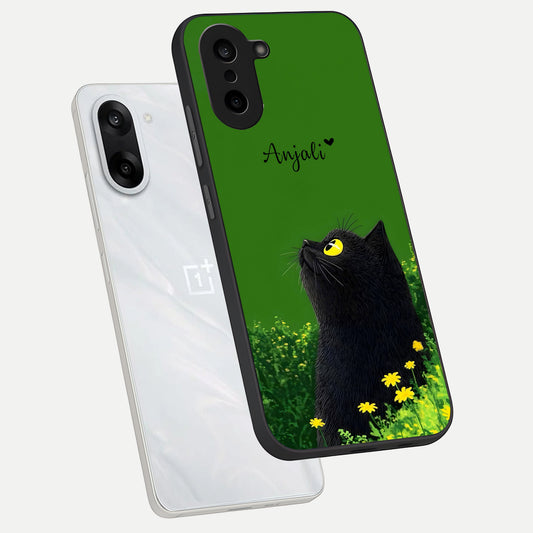 Emerald Cat Custom Name phone case For Oneplus Nord CE5 showing premium glass back cover with detailed artwork