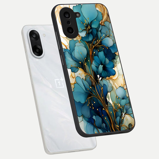 Golden Bloom Symphony phone case For Oneplus Nord CE5 showing premium glass back cover with detailed artwork