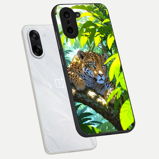 Leopard in Jungle phone case For Oneplus Nord CE5 showing premium glass back cover with detailed artwork