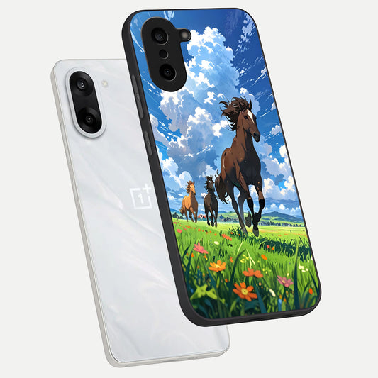 Majestic Horses Galloping phone case For Oneplus Nord CE5 showing premium glass back cover with detailed artwork