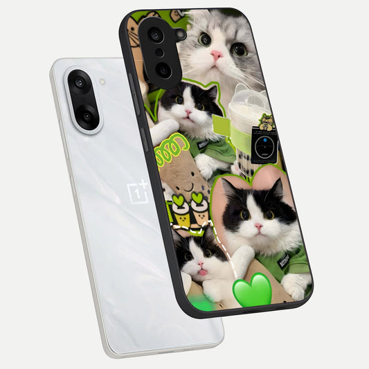 Matcha Cats Mood phone case For Oneplus Nord CE5 showing premium glass back cover with detailed artwork