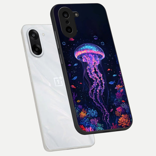 Neon Jellyfish phone case For Oneplus Nord CE5 showing premium glass back cover with detailed artwork