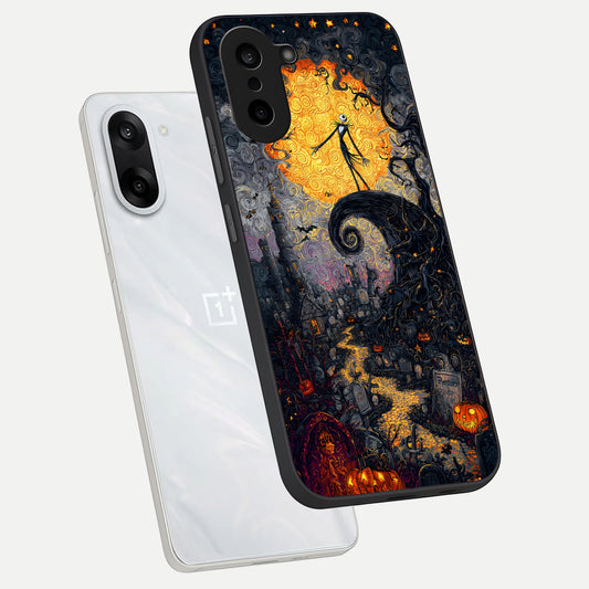 Pumpkin Moon Night phone case For Oneplus Nord CE5 showing premium glass back cover with detailed artwork