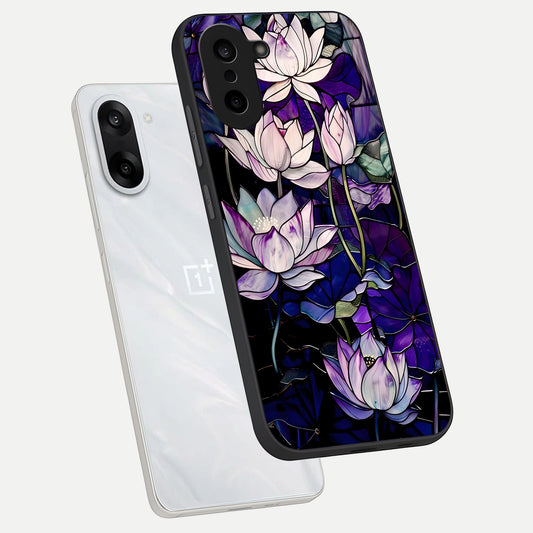 Purple Lotus Pattern phone case For Oneplus Nord CE5 showing premium glass back cover with detailed artwork