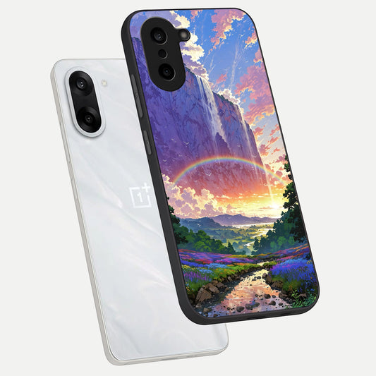 Rainbow Valley Dream phone case For Oneplus Nord CE5 showing premium glass back cover with detailed artwork