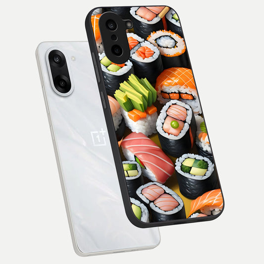 Sushi Food Pattern phone case For Oneplus Nord CE5 showing premium glass back cover with detailed artwork