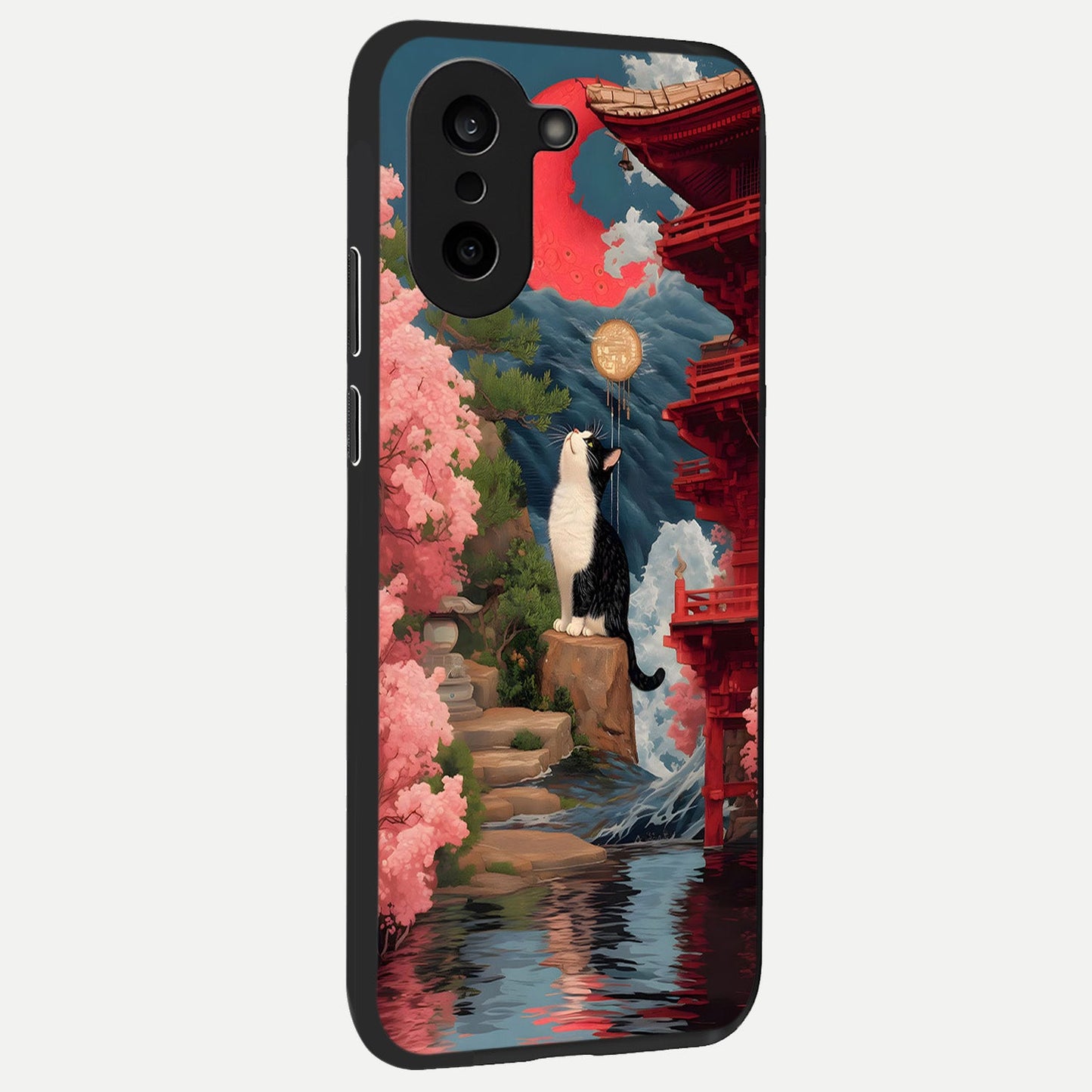 Temple Cat Scenery back cover For Oneplus Nord CE5 slim fit glass case with vibrant aesthetic design