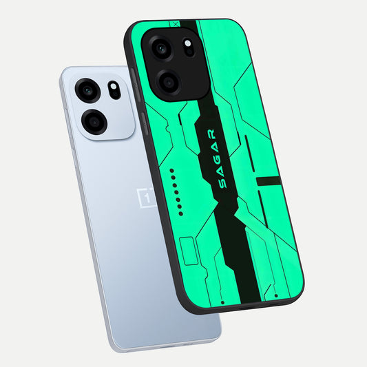 Aqua Tech CYBERPUNK Custom Name phone case For OnePlus Nord CE 6 showing premium glass back cover with detailed artwork
