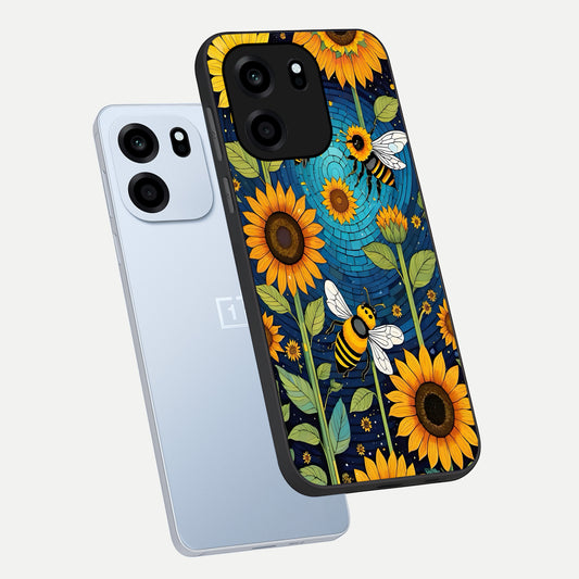 Bees And Sunflowers phone case For OnePlus Nord CE 6 showing premium glass back cover with detailed artwork