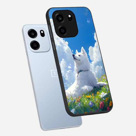 Blissful Cloud Pup phone case For OnePlus Nord CE 6 showing premium glass back cover with detailed artwork