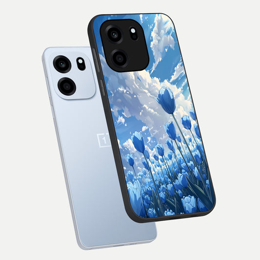 Blue Tulip Clouds phone case For OnePlus Nord CE 6 showing premium glass back cover with detailed artwork