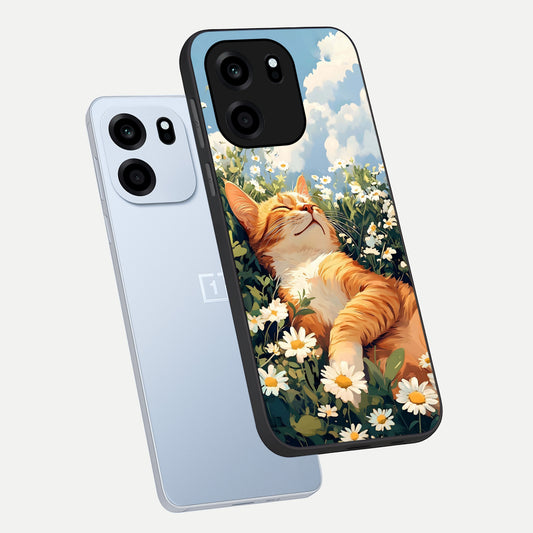 Cat And Flowers View phone case For OnePlus Nord CE 6 showing premium glass back cover with detailed artwork