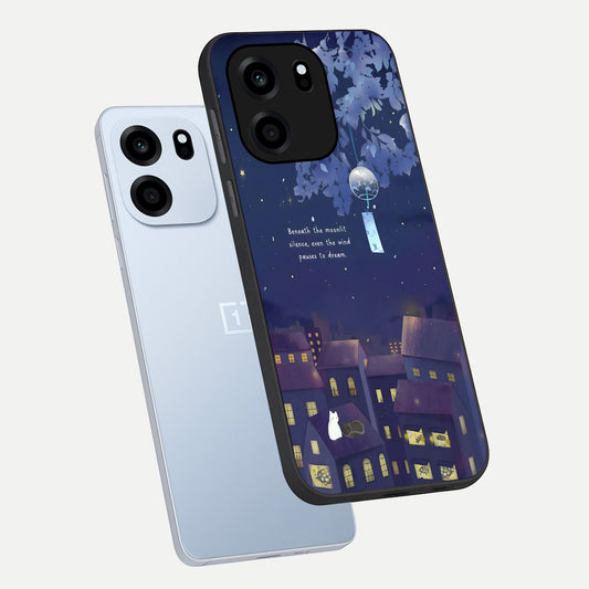 Moonlit Cat Silence phone case For OnePlus Nord CE 6 showing premium glass back cover with detailed artwork