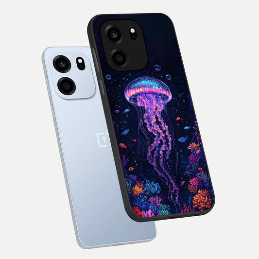 Neon Jellyfish phone case For OnePlus Nord CE 6 showing premium glass back cover with detailed artwork