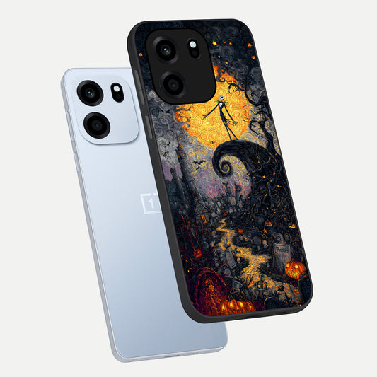 Pumpkin Moon Night phone case For OnePlus Nord CE 6 showing premium glass back cover with detailed artwork