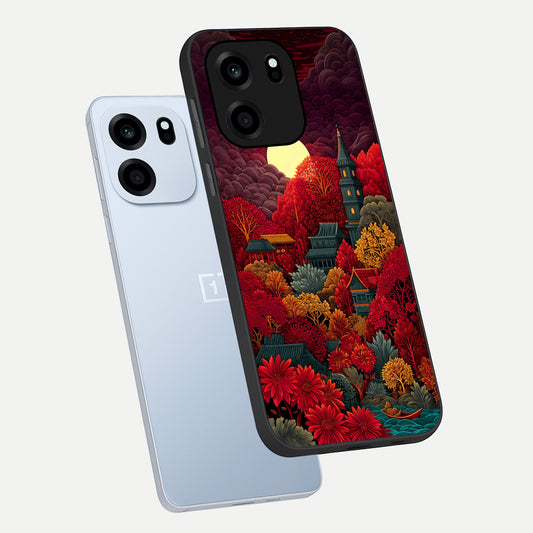 Scarlet Autumn Temple phone case For OnePlus Nord CE 6 showing premium glass back cover with detailed artwork